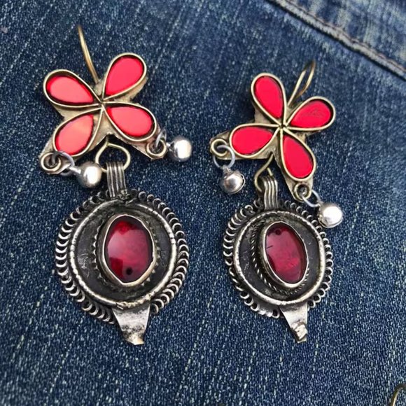 Tribal Kuchi Red Earrings, Handmade Statement Dangle Earrings - Picture 1 of 5